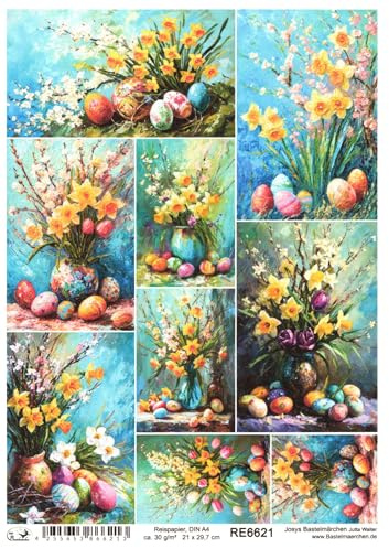 Josys Bastelmärchen Reispapier A4 Strohseide Decoupage Ostern Bunte Ostereier Blumen RE6621