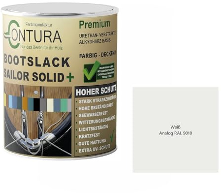 Farbmanufaktur Contura Nur das Beste für Ihr Holz Bootslack Farbig SEIDENMATT Yacht- Buntlack Metall Holz GFK Holzlack Boot Farblos (Weiß - RAL 9010 Analog, 2,5 Liter)