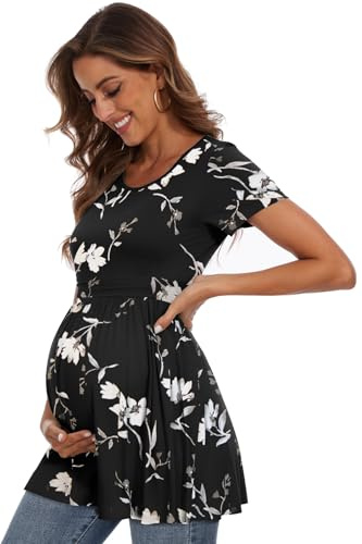 WOOXIO Women's Maternity Tops Short & Long Sleeve Pleated Waist Shirts Pregnancy Clothes Black White Jasmine,M