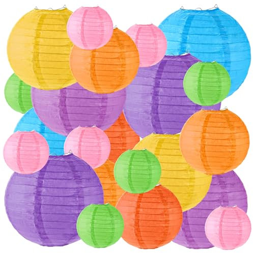 Oungy 28 Pack Colorful Paper Lanterns, 4 6 8 10 Round Lampshades for Ceiling Lights, Hanging Decorations, Light Shades for Wedding Festival Party Decor Outside