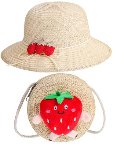 GALPADA Strawberry Kleines Geflochtenes Crossbody-Bag Mit Passendem Strohhut Für Junge Mädchen Sonnenschutz Süßer Sommerurlaub Purse Tasche Strandtasche Leicht Und Geräumig