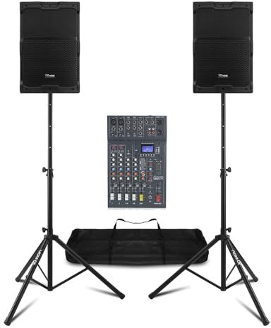 PDY212A Professional PA System with PD220B Dual Wireless Headset Microphone & Wireless Lapel Microphone, 700W Active PA Speakers, Bluetooth Mixer, Tripod Stands, Carry Bags & Cables