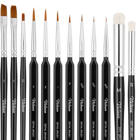Vicloon Feine Pinsel mit Drybrush, 2 Ziegenhaar Pinsel und 10 Feine Detailing Pinsels, Miniatur Modellbau Pinsels Set, Ideal für Acrylfarben, Wasserfarben Miniaturen,Öl, Modelle und Nageldesign