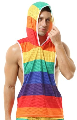 GENEMEN Tops Arco Iris para Hombre Sexy Mesh Pride Outfits Workout Sudaderas sin Manga (Top Arco Iris, XL)