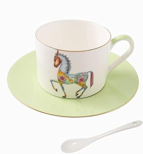 Set di Tazze da tè e caffè in Ceramica Bone China, Tazza da tè Colorata e piattino, Set di Tazze e piattini in Porcellana fine, Tazza da caffè in Ceramica da 6,8 once/200 ml(Green)