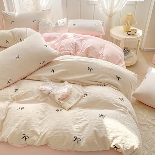 Bettwäsche 135x200 Mädchen Rosa Schleifen Bettbezug + Kissenbezug 80x80 | Bettwäsche Set, Kawaii, Rosa Weiß, Schleifenmuster, Schwarzen Schleifen, Niedlich, Aesthetic, Microfaser, Reißverschluss