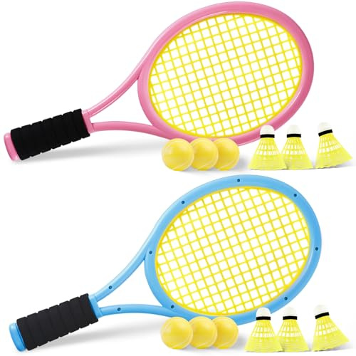 EOGRFW Kinder Tennisschläger Set, TennisschläGer Kinder mit Tragetasche,4 weiche Trainingsbälle und 6 Badminton Birdies,Federball Set,Tennisschläger Geschenkset für Outdoor Indoor Sport