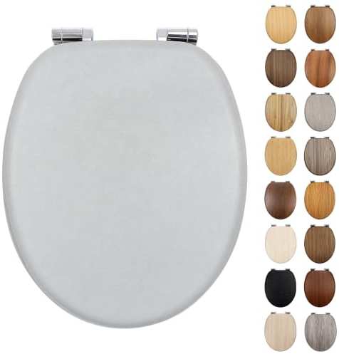 Fanmitrk Standard Wooden Toilet Seat Soft Close, MDF Adjustable Zinc Alloy Hinges with Bottom Fixture,Easy to Clean and Install for Bathroom (Light Grey)