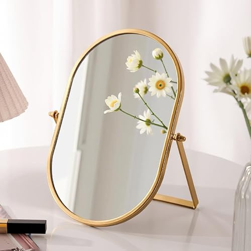 Gosider Schminkspiegel Tischspiegel 90° neigbar Gold Oval Metallrahmen Tragbar Einseitig Hochglanz für Schminktisch Wohnzimmer Schlafzimmer Büro