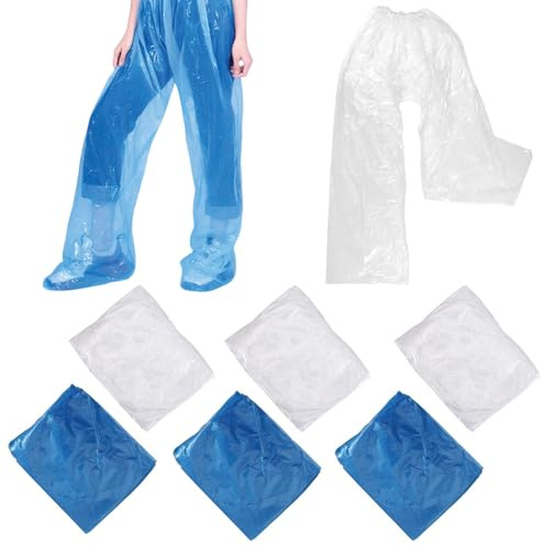 DXPETA 6 PCS Disposable Pants, Clear Plastic Rain Pants Disposable with Shoe Cover, Adult Long Disposable Boot Covers Rainpants for Women and Men Outdoor (Blue+White)