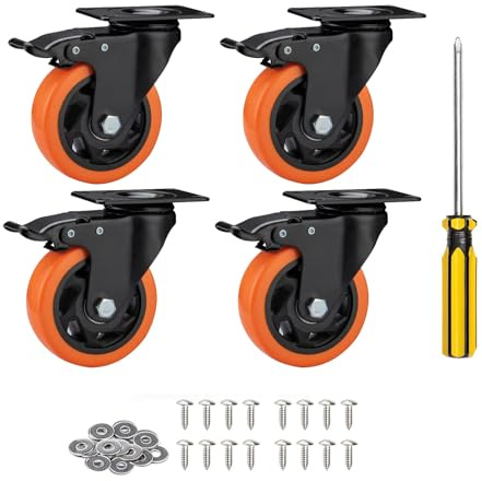 YIUBCZOQI Ruedas para Muebles Pesados 100mm con 4 Doble Freno, Todo el Suelo Ruedas Giratorias Pequeñas Poliuretano Carga de 700KG, Ruedas para Mover Muebles, Equipamiento, Set de 4,Naranja