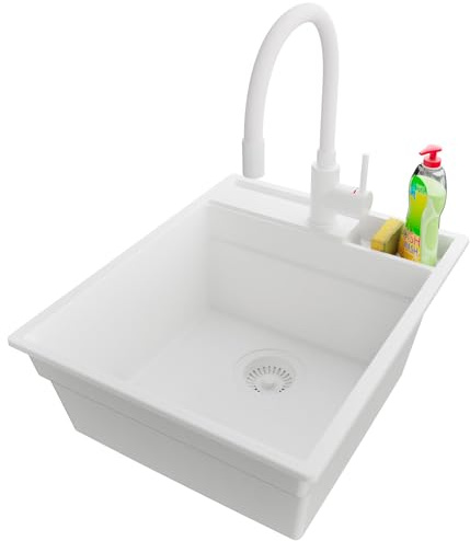 PRIMAGRAN Lavandino da Cucina Tutto Bianco 43x53cm, Lavello in Granito a 1 vasca + Rubinetto 38x14cm + Sifone Classico, Lavabo Incasso al mobile 45cm - Oslo Pocket