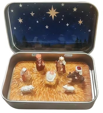 Mini Weihnachtskrippe In Einer Blechdose, Weihnachten Krippenszene Set, Taschenformat Tragbar Christlich Krippenszene Figuren Dekorationssets, Religiös Heilige Jesusfiguren Weihnachtsschmuck