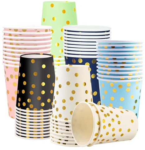 Hiuyavy Gold Polka Dot Paper Cups, 60 Pieces 9 Ounces Paper Cups Party, Disposable Drinking Cups for Party DIY Holiday Barbecues and Wedding Birthday (6 Colors)