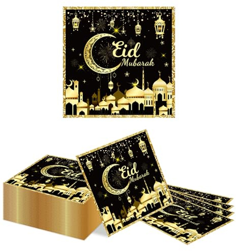 Kotkiddy 40 Paquet Noir Or Design Eid Ramadan Mubarak Thème Serviettes en Papier Deux Couches Eid Mubarak Fête Accessoires Lune Découpée avec Décorations Argentées Servie