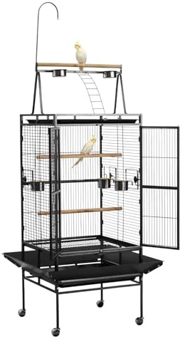 VEVOR Gabbia Voliera per Uccelli da 830 x 790 x 2100 mm, Parte Superiore Piatta Aperta, in Ferro Battuto con Trespoli, Vassoio Estraibile e Mangiatoie in Plastica, Ruote, per Pappagallo, Cinciarella