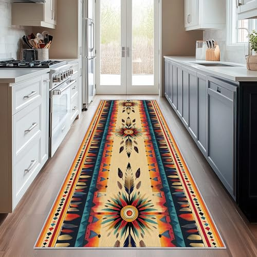 Generisch Läufer Flur Western, Waschbarer Teppich Läufer Azteken Boho Südwestliche 60x120, Küchenteppich, Eingangsbereich, Bettvorleger, Schlafzimmer Deko, rutschfest, Kurzflor i4651