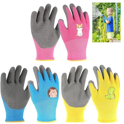 PENCHUAN 3 paia di guanti da giardinaggio per bambini da 6 a 8 anni, guanti da lavoro per bambini con rivestimento in lattice, guanti protettivi antiscivolo, guanti da giardinaggio, ragazzi e ragazze