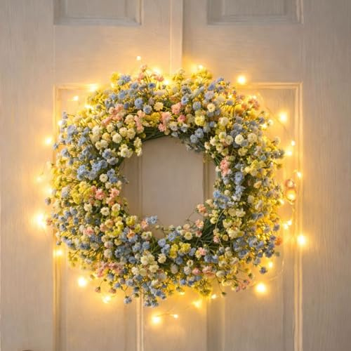 Türkranz Frühling mit LED Licht, 30CM Frühlingskranz Haustür mit Lichterkette Künstliche Blumen Kranz Beleuchtet Frühlingsdeko Kranz mit Beleuchtung Türkranz Ostern Blumenkranz Wandkranz für Deko (B)