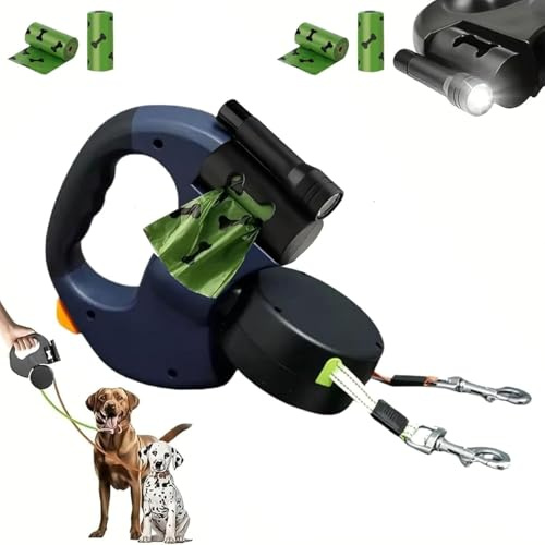 Guinzaglio doppio per due cani, guinzaglio retrattile da 5 metri, corda di sicurezza riflettente ad avvolgimento a 360°, per passeggiate notturne, jogging e campeggio (blu)