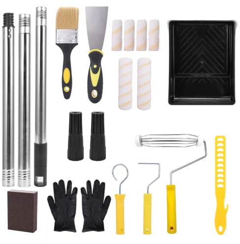 18 Pièces Kit Rouleau Peinture Rouleaux Fibre, Bac Peinture, Tiges Acier Inoxydable, Poignées Ergonomiques Pour Murs, Plafonds, Portes Inclut Pinceau, Spatule, Gants