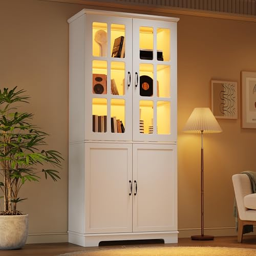 Merax Glasvitrine mit LED-Lichtern, Modern Vitrinenschrank mit 2 Glastüren & 2 Volltüren, Platzsparend Hochschrank Bücherschrank Sammlervitrine Standvitrine, für Wohnzimmer, Büro, Esszimmer, Weiß