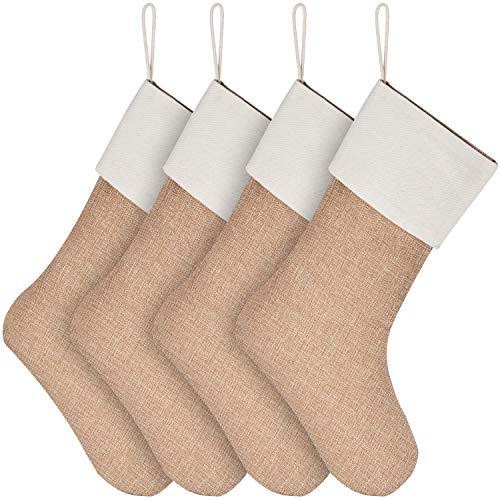 Sunshane Weihnachsstrumpf Sackleinen Kamin Weihnachtssocken zum Befüllen & Aufhängen für Weihnachtsdeko Oder DIY (Flachs, 4)
