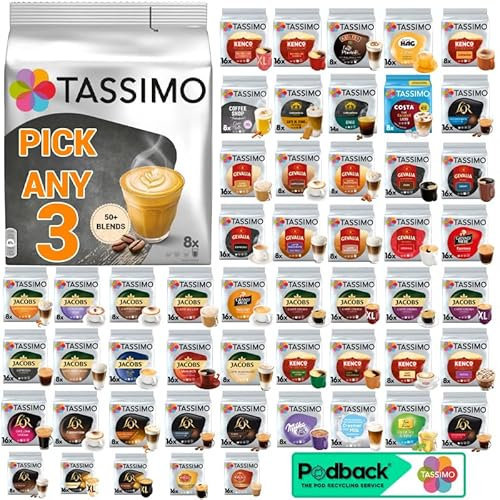 Tassimo Coffee, Tea, Chocolate Pods. Pick Any 3 Packs from 50+ Blends Including Kenco, Costa, L'or, Jacobs, Chai latte, Baileys, Cadbury, Milka, Oreo, Twinings, Cafe Hag.