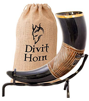 Divit Horn Corno per bere vichingo autentico supporto in ferro | Corno per bere birra medievale autentico | Decorazioni in ottone e sacchetto regalo in tela di iuta inclusi | Jarl, lucidato