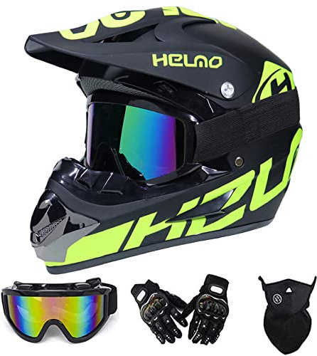 MRDEAR Fullface MTB Helm, Motorrad Crosshelm mit Brille (4 Stück/ Schwarz und Grün) Motocross Helm Herren Kinder Enduro Cross Helm Motorradhelm für Fahrrad Downhill Bike BMX Off Road ATV,M