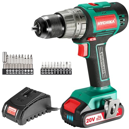 Cordless Drill 20V Max, HYCHIKA Brushless Drill Max Torque 530 In-lbs, 2.0 AH Battery 1H Fast Charger, 21+3 Torque Setting 1/2 Automatic Chuck, 20pcs Drill Bit Set for Home Improvement & DIY Project