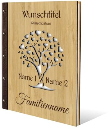 Kartenmachen.de Familien Stammbuch Bambus mit Lederrücken Holzcover mit individueller Gravur inkl. Extras DIN A4 hoch 240x310mm - Herzbaum