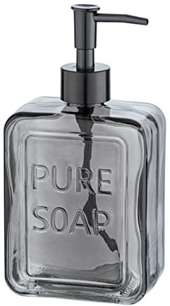 WENKO Distributeur de savon Pure Soap, distributeur de savon liquide rechargeable en verre, distributeur de désinfectant pour la cuisine, la salle de bain, 550 ml, 9,5x20x6cm, gris