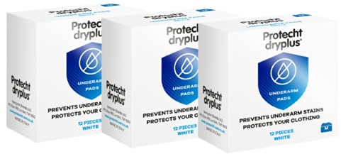Protecht DryPlus underarmsdynor, anti-svettdynor, osynliga, bekväma, superabsorberande självhäftande dynor för att hålla underarmen torra, för engångsbruk för män och kvinnor, 12 S, medium – 3-pack,