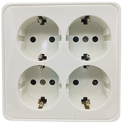 Tradineur - Ladrón cuadrado blanco con 4 conectores 16 A - 250 V, protección infantil, adaptador con enchufe, regleta pared, 10 x 4 x 10 cm