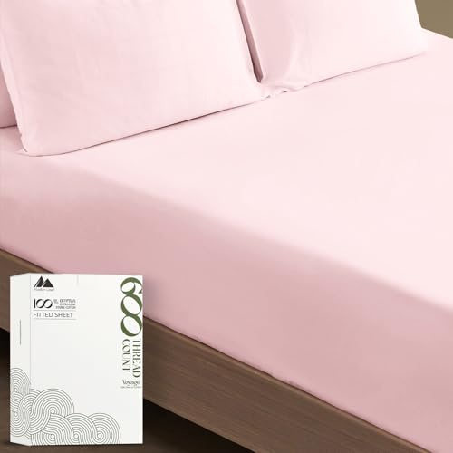 MAYFAIR LINEN 100% Egyptian Cotton Full Size Fitted Sheet Only - 600 Thread Count 16 Deep Pocket Full Size Fitted Sheets, Soft Cooling Sateen Weave No Pop-Off Elastic Bottom Sheet for Adults - Blush