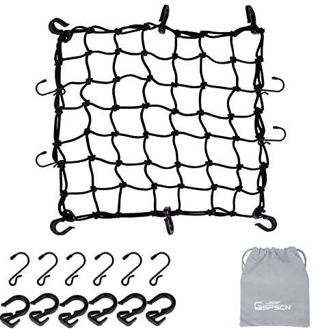 GSPSCN 42cm x 42cm Cargo net Motorcycle, Latex Heavy Duty Bungee Cord Net Stretches to 126cm x 126cm, Thicken Luggage Netting with 6cm x 6cm Mesh&12 Hooks for Motorcycle, Bike, ATV, Roof, Trailer