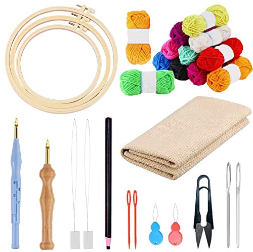 Allazone 17 Stück Stickerei Starter Kit Punch Needle Kit, 3 Stück Stickrahmen, 3 Stück Stanznadeltuch, 12 Farbe Garn, Einstellbare Punch Needle, Nadelfädler für Handwerk Stitching