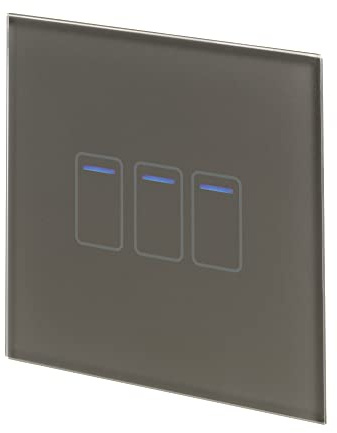 Retrotouch Crystal Touch Switch | LED Light Indicator | 3 Gang 2 Way 300W | Stylish Grey Glass Finish | Screwless Front | 35mm Back Box No-Neutral Required | Luxury Home & Bathroom Light Switches