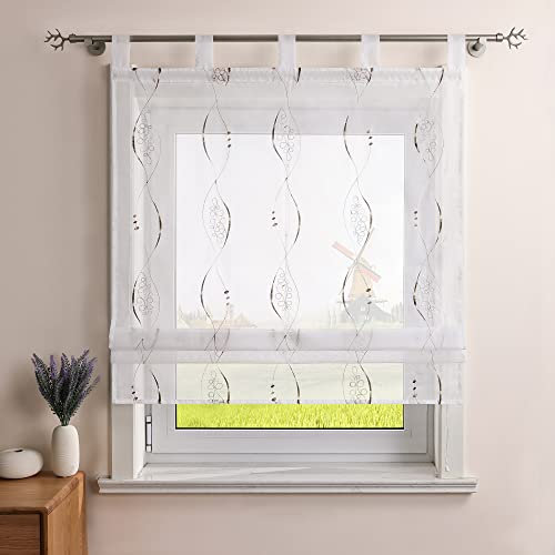 CORLIF Raffrollo Küche Raffgardine Leinenoptik Rollos Modern mit Wellen Stickerei Transparente Schlaufenrollo Kurz Fenster Vorhang mit Schlaufen B/H 100/140 cm Braun