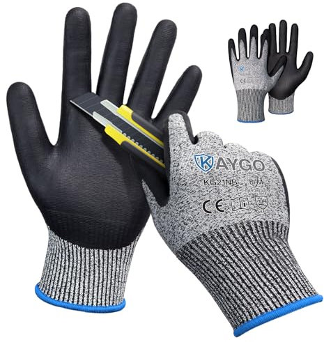 KAYGO 2 Paar Arbeitshandschuhe Schnittfest Level C, KG21N, Nitril Beschichtet Rutschfester Griff, Waschbar, EN388 4X42C Schnittschutz Handschuhe für Schneiden, Lager, Bau, Auto (Grau, M, Gr 8)
