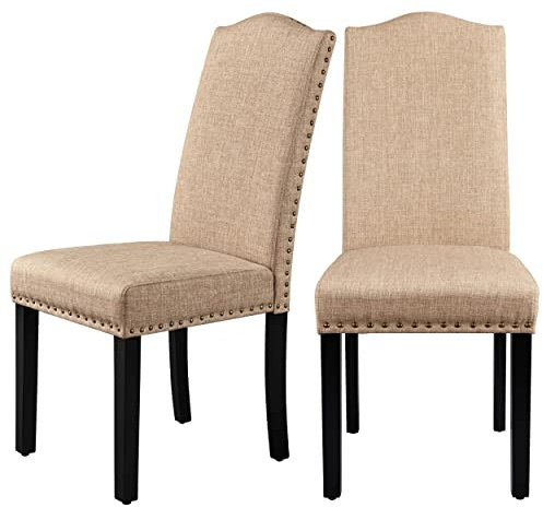 Yaheetech Esszimmerstühle 2er Set Küchenstuhl mit Hoher Rückenlehne Moderne Stühle für Küche und Esszimmer, Beine aus Massivholz, gepolsterte Sitzfläche aus Leinen bis 136 kg Belastbar, Khaki