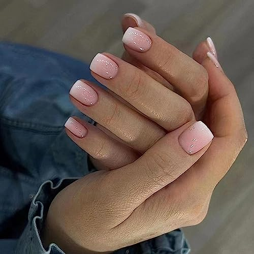 24 Stück Künstliche Nägel Kurze Eckig, Nude Rosa French Kunstnägel Fingernägel zum Aufkleben, Gradient Ballerina Acryl Falsche Nägel, French Press on Nails mit Nagelkleber Aufkleber für Frauen