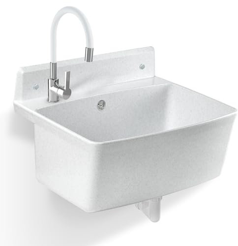 gospo Gartenwaschbecken, 55x42x22.5cm Haushaltsbecken aus hochqualitativem Polystyrol, Ausgussbecken mit Easy-Clean Technologie, Waschbecken für Garten (Weiß, Elastischer batterie)