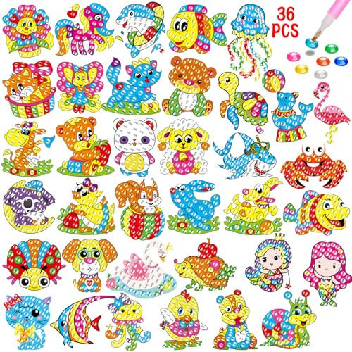 CAYUDEN Diamond Painting Stickers 36 pcs Diamond Stickers Kids DIY Diamond Arts Stickers Kit 5D Animals Diamond Dots Painting Cartoon Mosaic Stickers Gem Arts and Crafts Kit for Kids 6 8 10 12