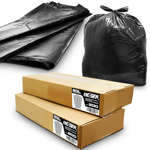 400 Pack | 2 Full Boxes | RE-GEN 90L 10kg Load Medium Duty Black Bin Liners Refuse Sacks, Everyday Use, Industrial Strength, Quality Rubbish Bags 457/725 x 975mm
