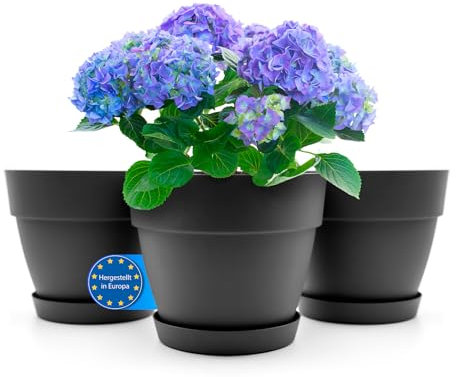 BigDean 3 Stück Blumentopf mit Untersetzer rund ø30 cm in Anthrazit – Übertopf innen + außen geeignet – aus bruchsicherem Kunststoff & Made in Europe