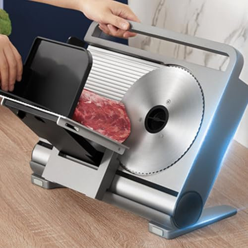 200w Electric Foldable Meat Slicer - 1-15mm Adjustable Thickness/Easy to Clean/Storage | Meat/Cheese Slicer for BBQ, Hot Pot,Shabu - Child Lock Protection/Detachable Carrying Platform,Silver