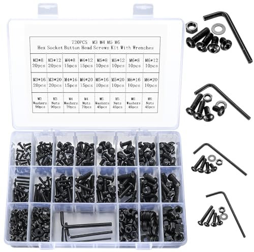 720 Pz Kit di Bulloni e Dadi, M3 M4 M5 M6 Set di Viti a Testa Cilindrica con Esagono Incassato e Dadi e Rondelle, Vite a Testa Esagonale Incassato, Bulloni Viti a Testa Bottone Brugola Kit, Nero