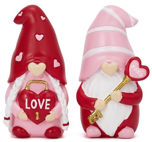 Valery Madelyn 2er Valentinstag Wichtel Figuren, Liebe Herz Zwerge Deko, Rot/Rosa Romantische GNOME, Liebhaber Geschenk, Süße Tischdeko Frühlingsdeko für Partner/Freundin, 8cm